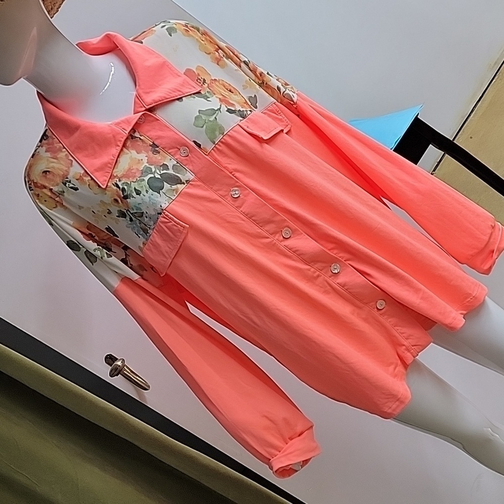 Blumin Apparel Floral Tapestry Trim Neon Peach Button Down Long Sleeve Top 3X